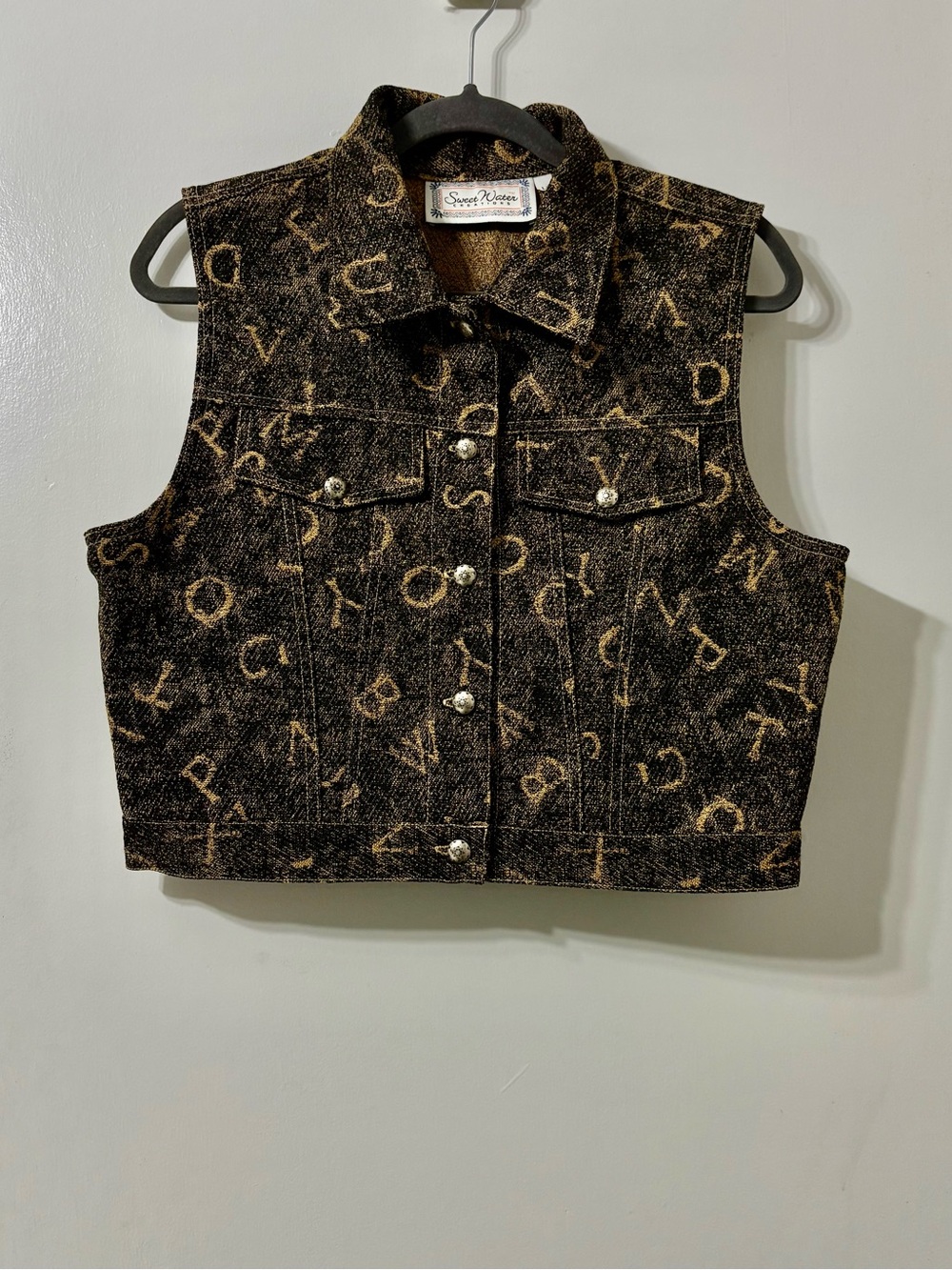Patterned Denim Vest in Gold and Brown